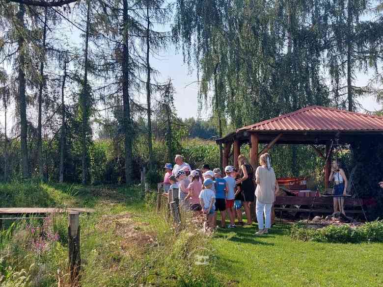 Zagroda Edukacyjna, Altana, palenisko, łąka, krzewy, drzewa, staw, dzieci, opiekunowie, niebo