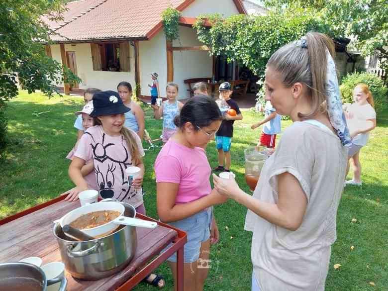 Zagroda Edukacyjna, dom, trawa, krzew, drzewo, stół, Kasia, dzieci, niebo