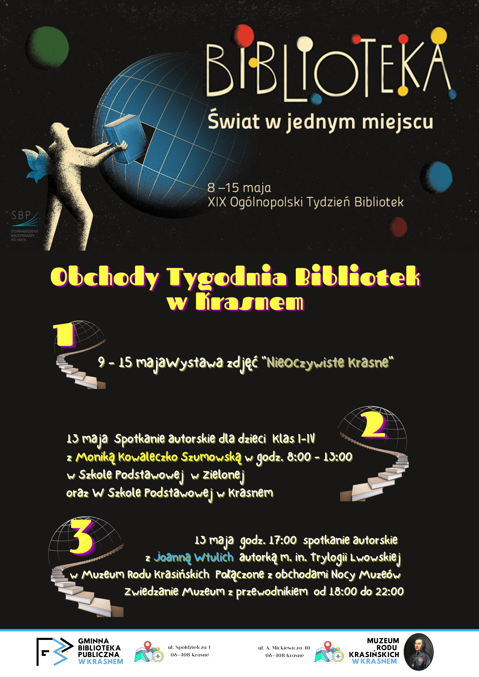 Grafika promocyjna Tydzień Bibliotek Biblioteka Świat w jednym miejscu 8-15 maja XIX edycja