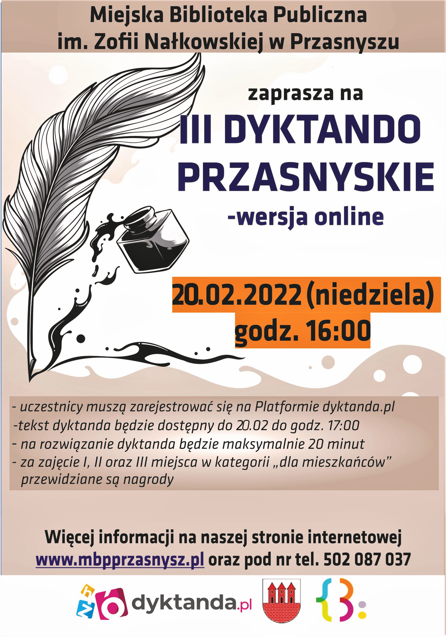 MBP im Zofii Nałkowskiej w Przasnyszu zaprasza na III dyktando przasnyskie 20.02.2022 godz. 16:00