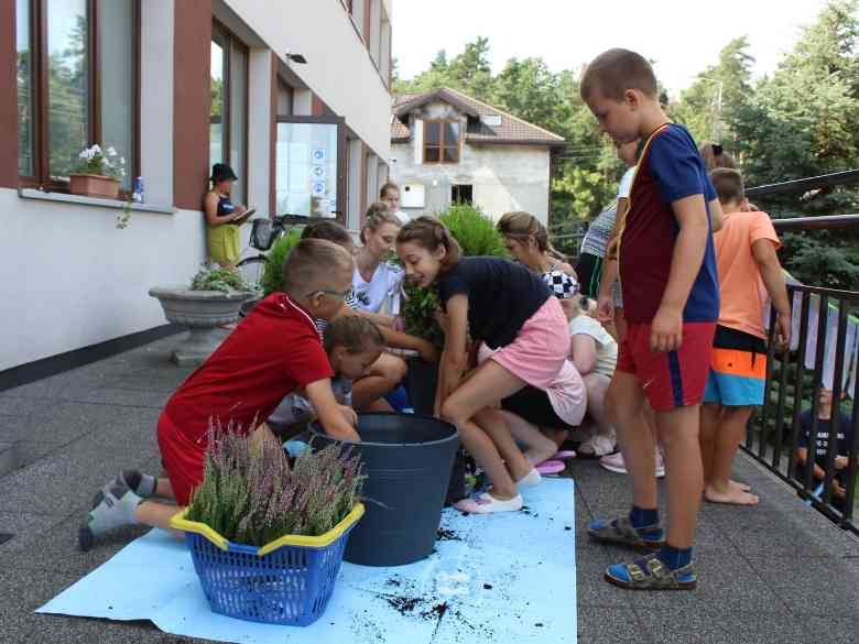 Nauczycielki i uczniowie podczas sadzenia roślin