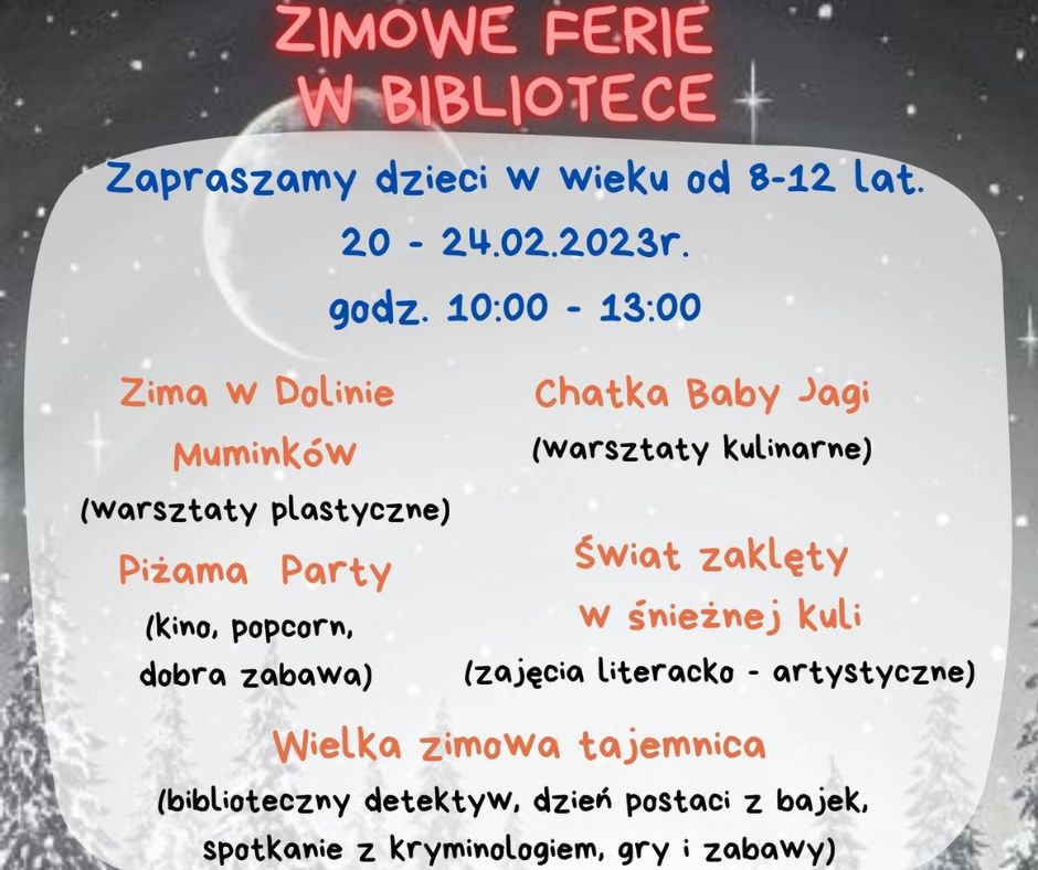 Infografika przedstawiająca plan ferii zimowych w bibliotece