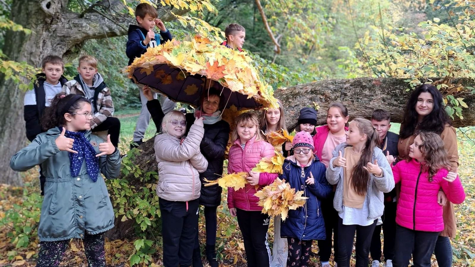 Park Krasińskich, dzieci, drzewa, liście, kobiety, parasol