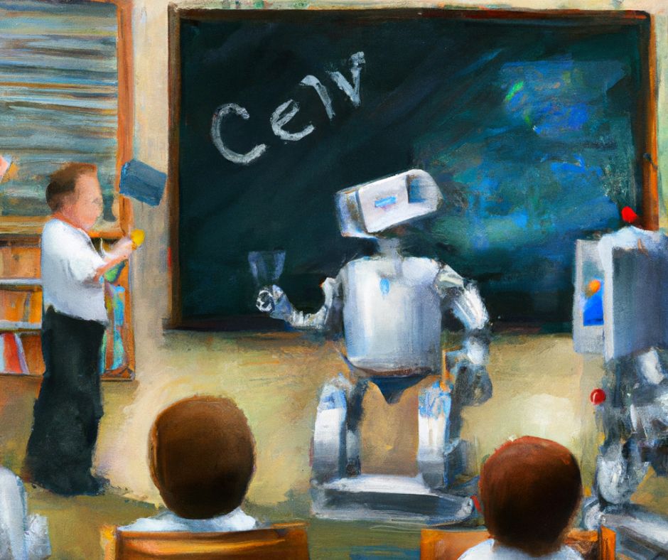 Wewnątrz, Robot wykonyjący gest kciuka w górę w sali lekcyjnej, dzieci, nauczyciel, krzesła, tablica