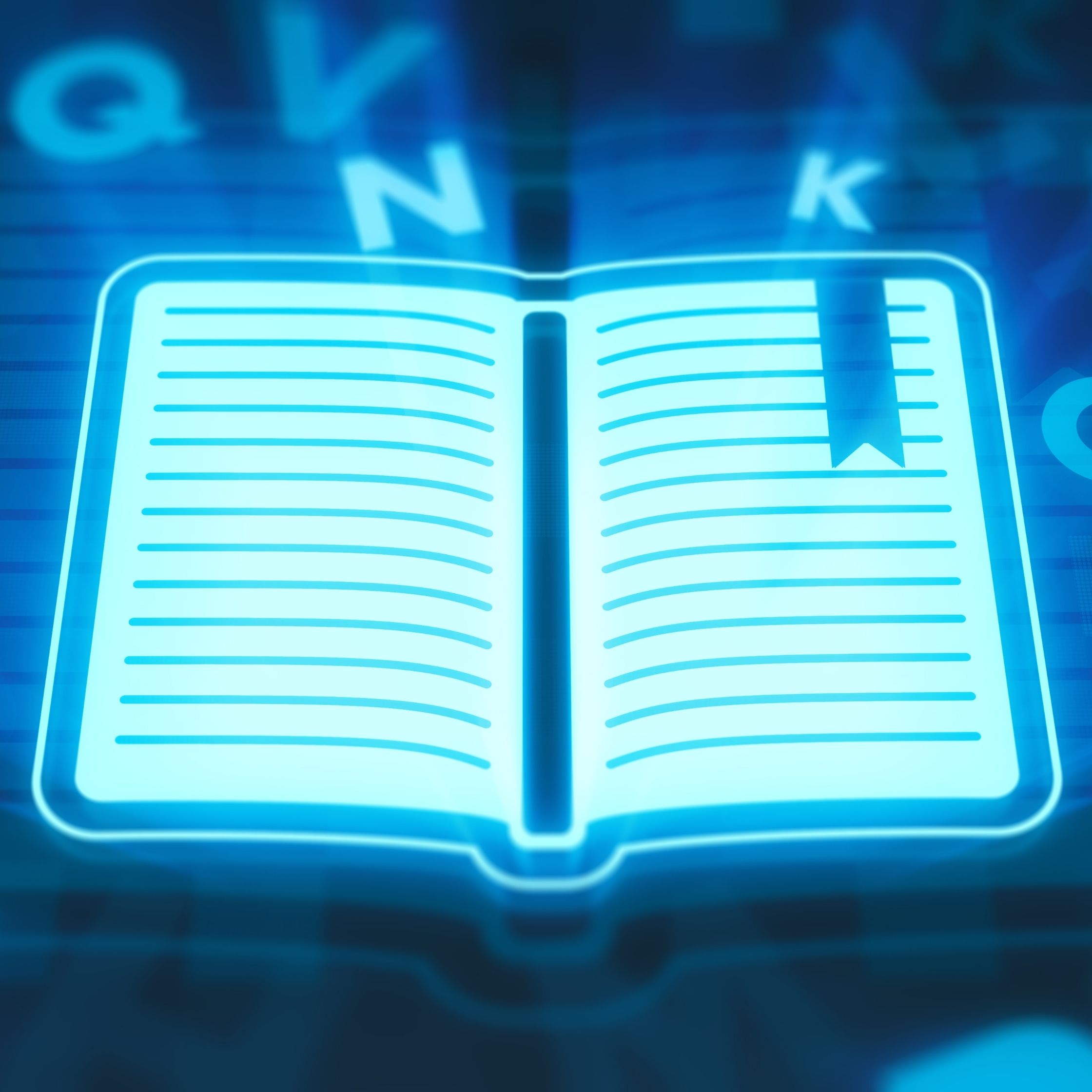 grafika przedstawiająca otwartą cyfrową księgę jaskrawo niebieskiego koloru